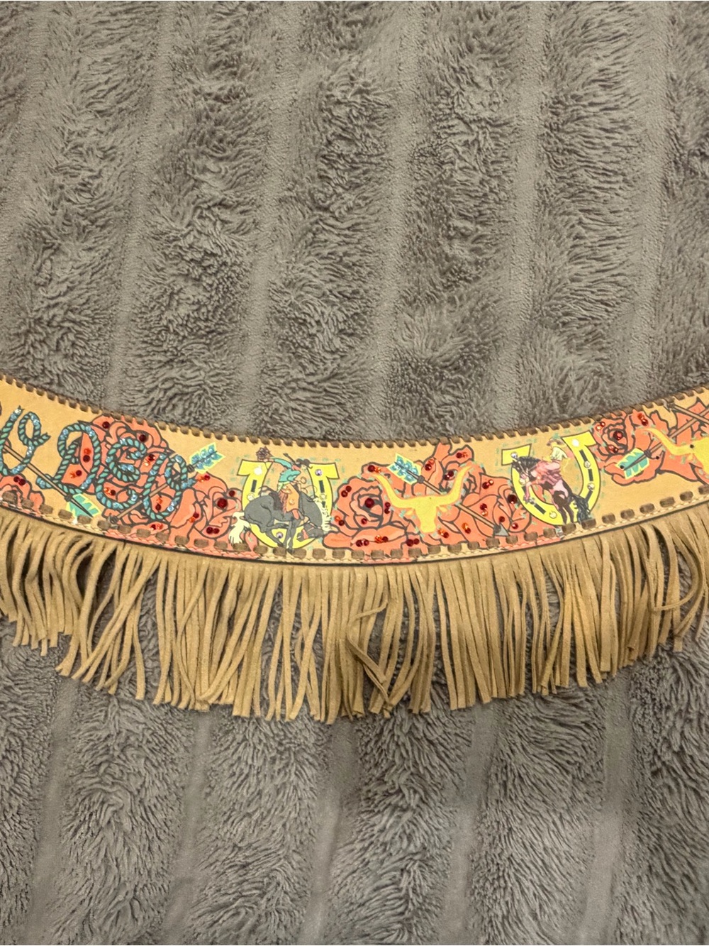 Tan Fringe Leather Belt with Colorful Western Print